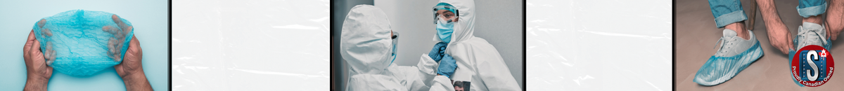Disposable protective clothing including blue shoe covers, coveralls, and hoods worn by workers, representing Skookum Tools' disposable safety apparel category.